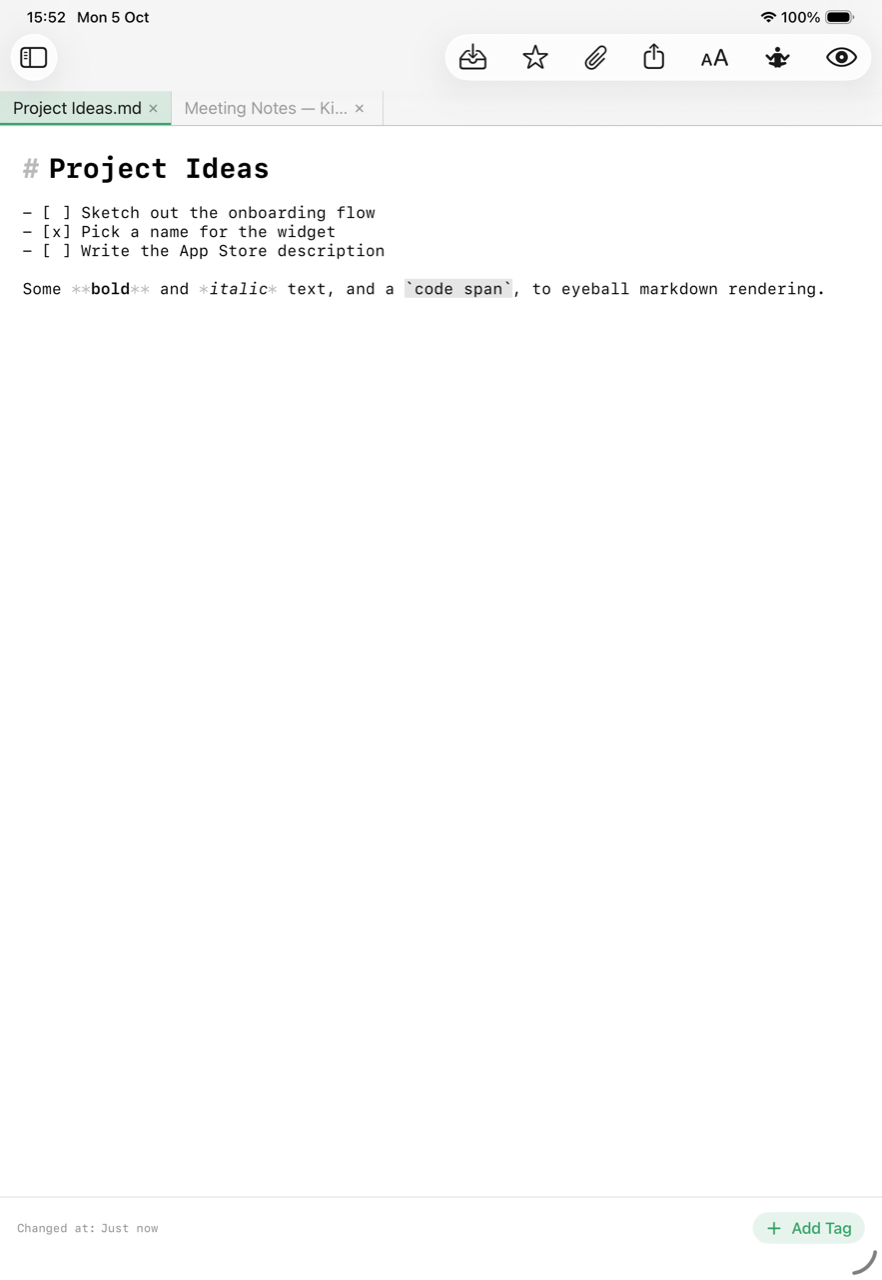 oHar Notes open on iPad: a note titled Project Ideas in the editor, with its markdown heading, checklist, bold, italic and code span styled live while the raw syntax stays visible.