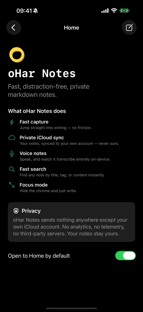 The oHar Notes Home screen on iPhone, listing its features and the privacy statement.