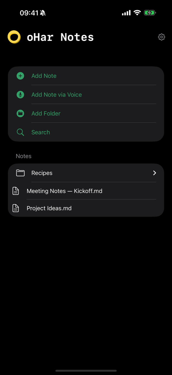 The oHar Notes sidebar on iPhone: Add Note, Add Note via Voice, Add Folder and Search above a short list of a folder and two notes.
